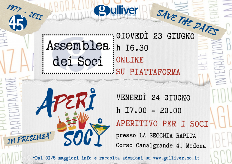 Save the dates: ASSEMBLEA SOCI E APERITIVO DEDICATO AI SOCI GULLIVER