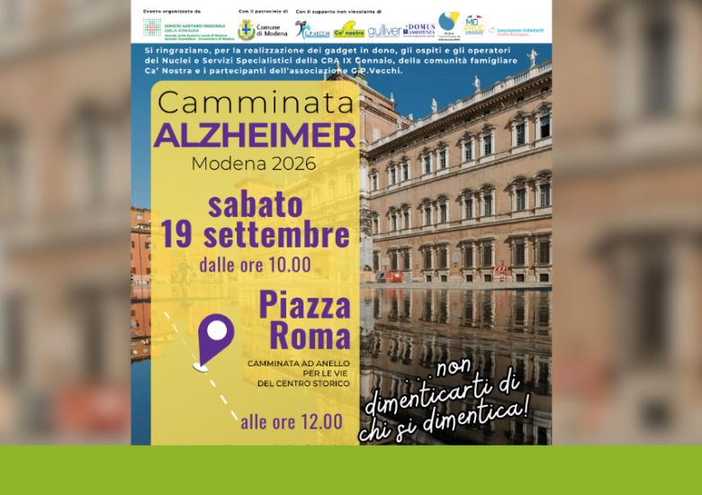 Locandina CAMMINATA ALZHEIMER 2026_palazzo ducale di modena sullo sfondo, data e orario dell'evento, loghi dei partecipanti e promotori