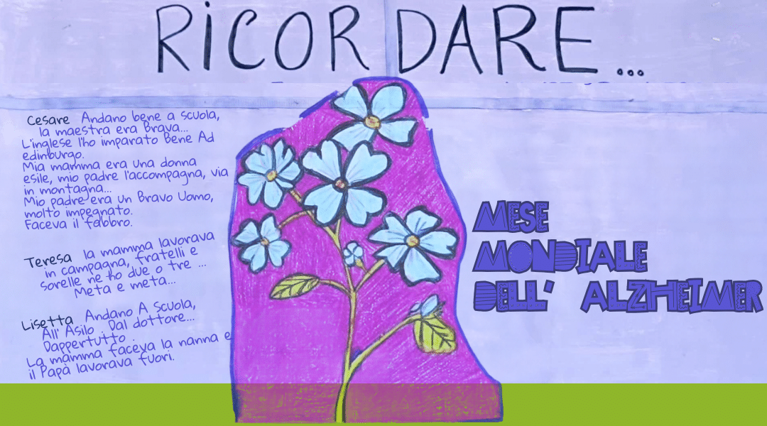 cartellone scritto da utenti del cda castelnuovo rangone sui ricordi di infanzia per il mese mondiale dell'alzheimer